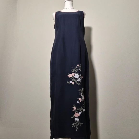 Robbie Bee 100% Silk Floral Navy Maxi Dress & Cardigan Romantic 2 Piece Set L - Picture 4 of 6